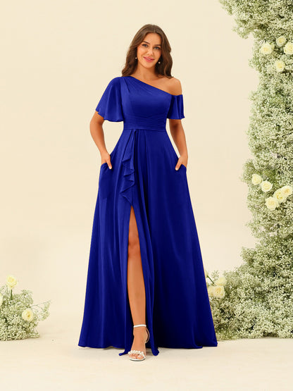 Robes de Demoiselle d'Honneur A-Line/Princess à Une Épaule et Longueur Au Sol avec Fente Sur Le Côté