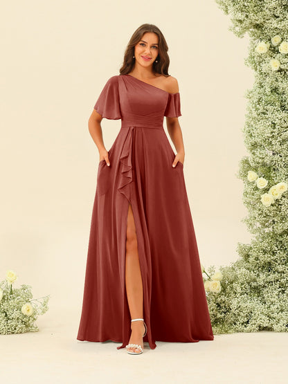 Robes de Demoiselle d'Honneur A-Line/Princess à Une Épaule et Longueur Au Sol avec Fente Sur Le Côté