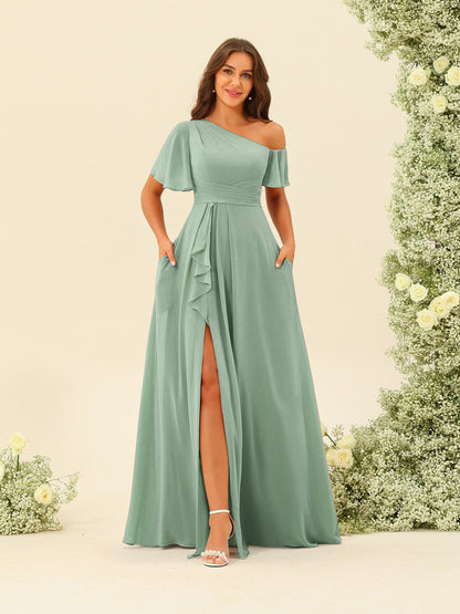 Robes de Demoiselle d'Honneur A-Line/Princess à Une Épaule et Longueur Au Sol avec Fente Sur Le Côté