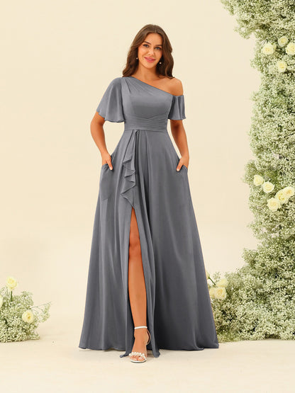 Robes de Demoiselle d'Honneur A-Line/Princess à Une Épaule et Longueur Au Sol avec Fente Sur Le Côté