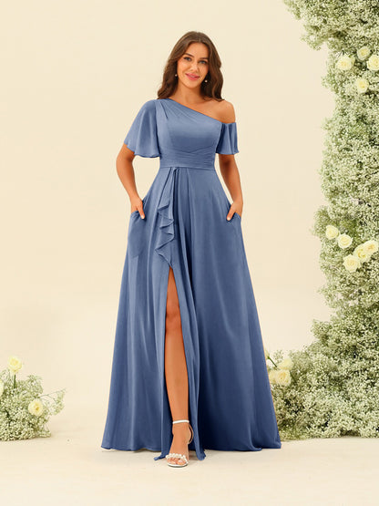 Robes de Demoiselle d'Honneur A-Line/Princess à Une Épaule et Longueur Au Sol avec Fente Sur Le Côté