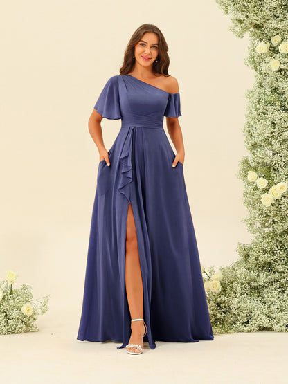 Robes de Demoiselle d'Honneur A-Line/Princess à Une Épaule et Longueur Au Sol avec Fente Sur Le Côté