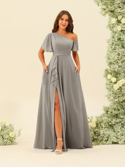 Robes de Demoiselle d'Honneur A-Line/Princess à Une Épaule et Longueur Au Sol avec Fente Sur Le Côté