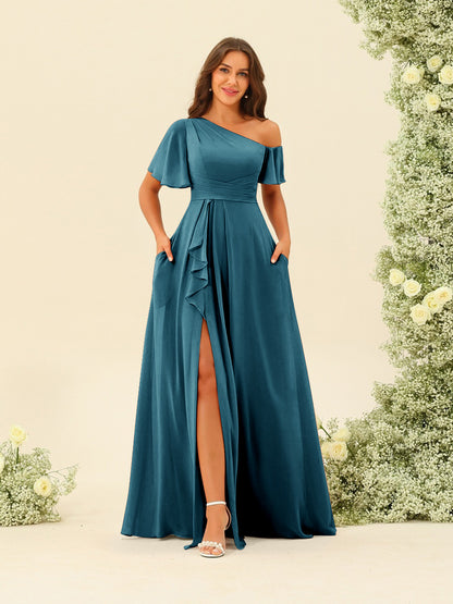 Robes de Demoiselle d'Honneur A-Line/Princess à Une Épaule et Longueur Au Sol avec Fente Sur Le Côté