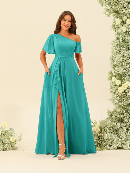 Robes de Demoiselle d'Honneur A-Line/Princess à Une Épaule et Longueur Au Sol avec Fente Sur Le Côté