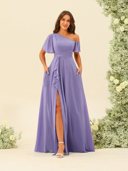 Robes de Demoiselle d'Honneur A-Line/Princess à Une Épaule et Longueur Au Sol avec Fente Sur Le Côté