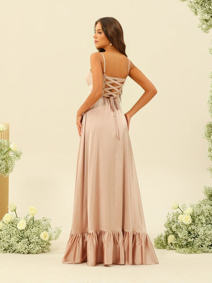 Robes de Demoiselle d'Honneur à Bretelles Spaghetti A-Line/Princess à Lacets et à Fente Latérale
