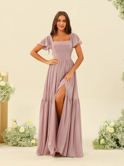 Robes de Demoiselle d'Honneur à Volants A-Line/Princess Longueur Au Sol Manches Courtes