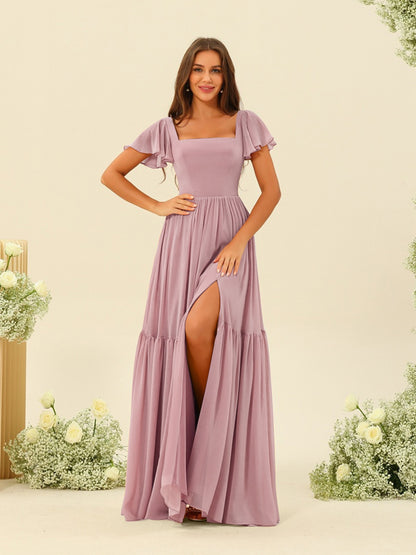 Robes de Demoiselle d'Honneur à Volants A-Line/Princess Longueur Au Sol Manches Courtes