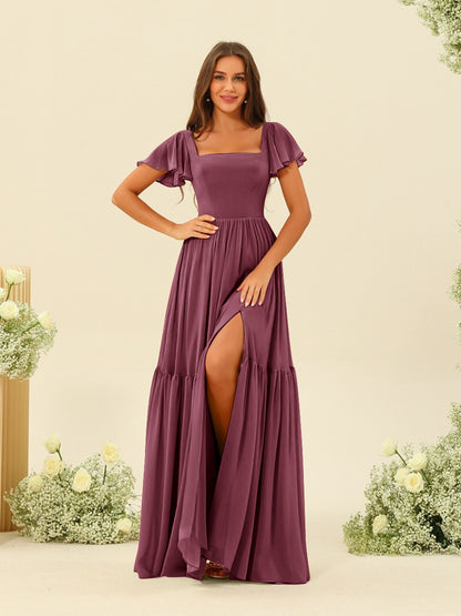 Robes de Demoiselle d'Honneur à Volants A-Line/Princess Longueur Au Sol Manches Courtes