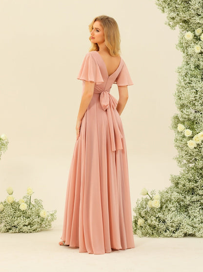 Robe de Demoiselle d'Honneur Coupe A-Line/Princess à Volants Col En V Manches Courtes avec Nœud Papillon