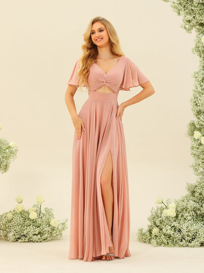 Robe de Demoiselle d'Honneur Coupe A-Line/Princess à Volants Col En V Manches Courtes avec Nœud Papillon