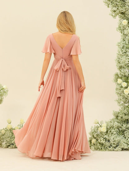 Robe de Demoiselle d'Honneur Coupe A-Line/Princess à Volants Col En V Manches Courtes avec Nœud Papillon