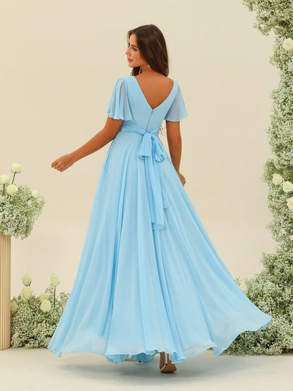Robe de Demoiselle d'Honneur Coupe A-Line/Princess à Volants Col En V Manches Courtes avec Nœud Papillon