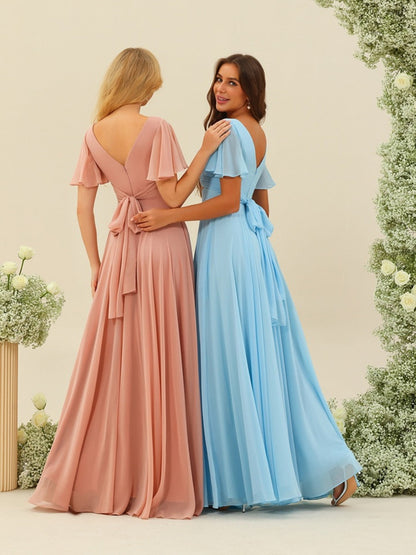 Robe de Demoiselle d'Honneur Coupe A-Line/Princess à Volants Col En V Manches Courtes avec Nœud Papillon