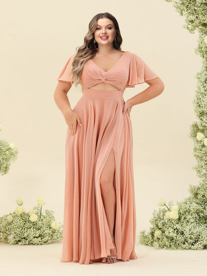 Robe de Demoiselled'Honneur Grande Taille, Coupe Trapèze/Princesse, Volants, Col en V, Manches Courtes avec Nœud Papillon