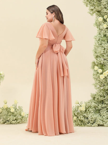 Robe de Demoiselled'Honneur Grande Taille, Coupe Trapèze/Princesse, Volants, Col en V, Manches Courtes avec Nœud Papillon