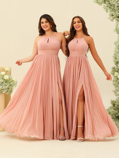 Robe de Demoiselle d'Honneur Longue Grande Taille à Col Licou et Coupe Princesse avec Fente Sur Le Côté et Volants