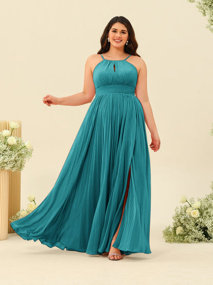 Robe de Demoiselle d'Honneur Longue Grande Taille à Col Licou et Coupe Princesse avec Fente Sur Le Côté et Volants