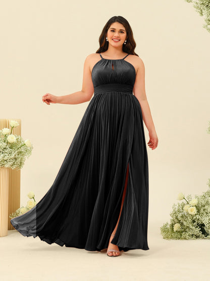 Robe de Demoiselle d'Honneur Longue Grande Taille à Col Licou et Coupe Princesse avec Fente Sur Le Côté et Volants