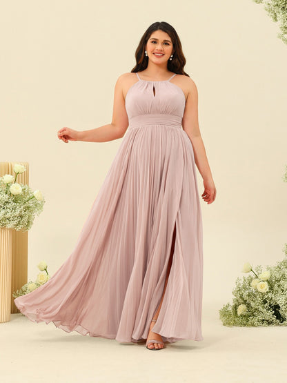 Robe de Demoiselle d'Honneur Longue Grande Taille à Col Licou et Coupe Princesse avec Fente Sur Le Côté et Volants