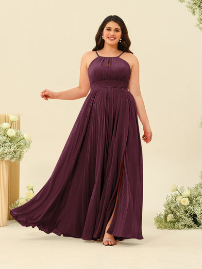 Robe de Demoiselle d'Honneur Longue Grande Taille à Col Licou et Coupe Princesse avec Fente Sur Le Côté et Volants