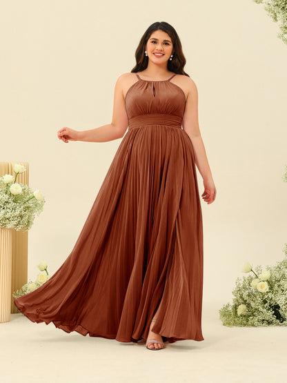 Robe de Demoiselle d'Honneur Longue Grande Taille à Col Licou et Coupe Princesse avec Fente Sur Le Côté et Volants