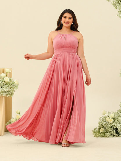 Robe de Demoiselle d'Honneur Longue Grande Taille à Col Licou et Coupe Princesse avec Fente Sur Le Côté et Volants
