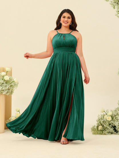 Robe de Demoiselle d'Honneur Longue Grande Taille à Col Licou et Coupe Princesse avec Fente Sur Le Côté et Volants