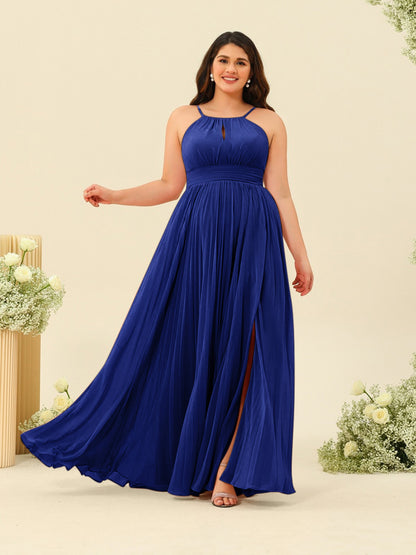 Robe de Demoiselle d'Honneur Longue Grande Taille à Col Licou et Coupe Princesse avec Fente Sur Le Côté et Volants