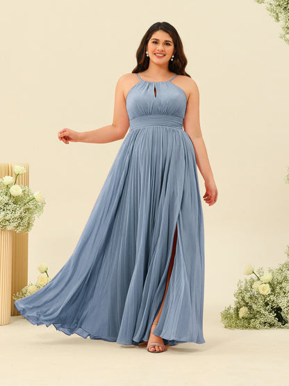 Robe de Demoiselle d'Honneur Longue Grande Taille à Col Licou et Coupe Princesse avec Fente Sur Le Côté et Volants