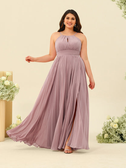 Robe de Demoiselle d'Honneur Longue Grande Taille à Col Licou et Coupe Princesse avec Fente Sur Le Côté et Volants