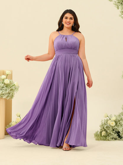 Robe de Demoiselle d'Honneur Longue Grande Taille à Col Licou et Coupe Princesse avec Fente Sur Le Côté et Volants