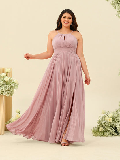 Robe de Demoiselle d'Honneur Longue Grande Taille à Col Licou et Coupe Princesse avec Fente Sur Le Côté et Volants