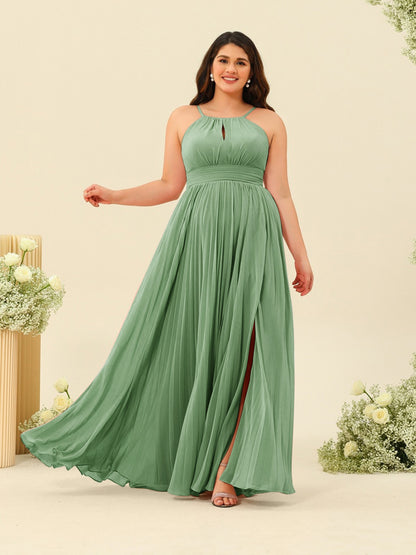 Robe de Demoiselle d'Honneur Longue Grande Taille à Col Licou et Coupe Princesse avec Fente Sur Le Côté et Volants