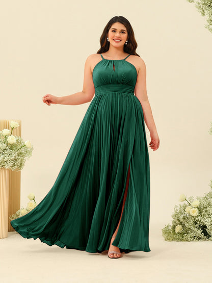 Robe de Demoiselle d'Honneur Longue Grande Taille à Col Licou et Coupe Princesse avec Fente Sur Le Côté et Volants