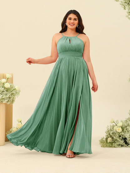 Robe de Demoiselle d'Honneur Longue Grande Taille à Col Licou et Coupe Princesse avec Fente Sur Le Côté et Volants