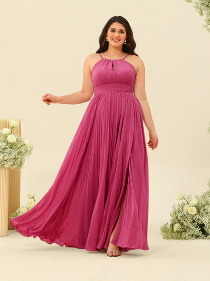 Robe de Demoiselle d'Honneur Longue Grande Taille à Col Licou et Coupe Princesse avec Fente Sur Le Côté et Volants