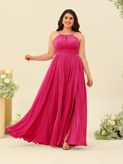 Robe de Demoiselle d'Honneur Longue Grande Taille à Col Licou et Coupe Princesse avec Fente Sur Le Côté et Volants