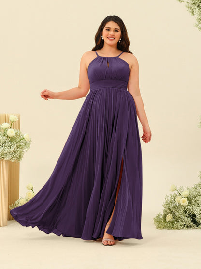 Robe de Demoiselle d'Honneur Longue Grande Taille à Col Licou et Coupe Princesse avec Fente Sur Le Côté et Volants