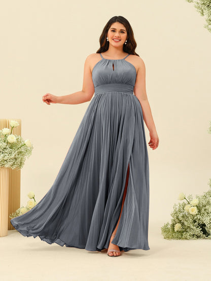 Robe de Demoiselle d'Honneur Longue Grande Taille à Col Licou et Coupe Princesse avec Fente Sur Le Côté et Volants