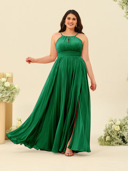 Robe de Demoiselle d'Honneur Longue Grande Taille à Col Licou et Coupe Princesse avec Fente Sur Le Côté et Volants