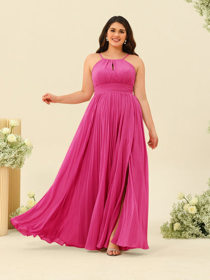 Robe de Demoiselle d'Honneur Longue Grande Taille à Col Licou et Coupe Princesse avec Fente Sur Le Côté et Volants