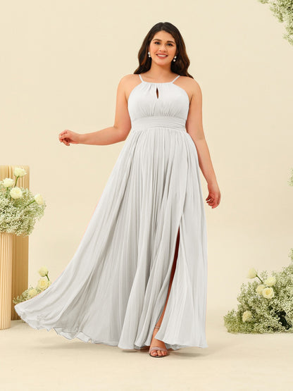 Robe de Demoiselle d'Honneur Longue Grande Taille à Col Licou et Coupe Princesse avec Fente Sur Le Côté et Volants