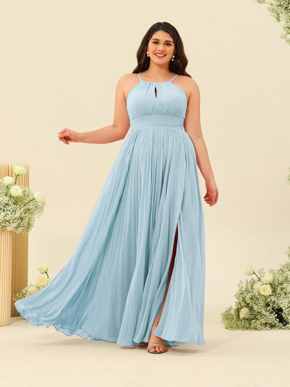 Robe de Demoiselle d'Honneur Longue Grande Taille à Col Licou et Coupe Princesse avec Fente Sur Le Côté et Volants