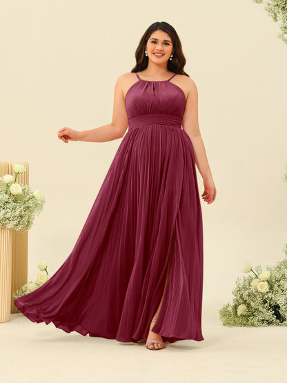 Robe de Demoiselle d'Honneur Longue Grande Taille à Col Licou et Coupe Princesse avec Fente Sur Le Côté et Volants