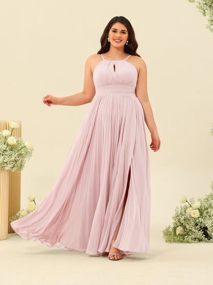 Robe de Demoiselle d'Honneur Longue Grande Taille à Col Licou et Coupe Princesse avec Fente Sur Le Côté et Volants