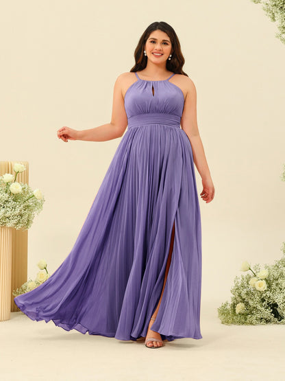Robe de Demoiselle d'Honneur Longue Grande Taille à Col Licou et Coupe Princesse avec Fente Sur Le Côté et Volants