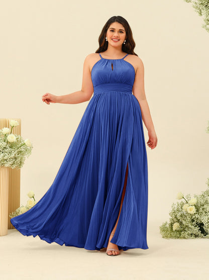 Robe de Demoiselle d'Honneur Longue Grande Taille à Col Licou et Coupe Princesse avec Fente Sur Le Côté et Volants