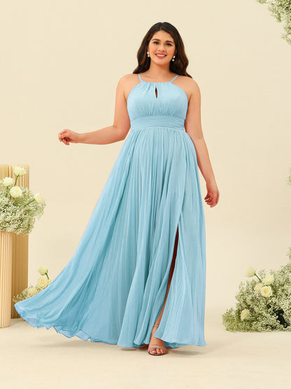 Robe de Demoiselle d'Honneur Longue Grande Taille à Col Licou et Coupe Princesse avec Fente Sur Le Côté et Volants